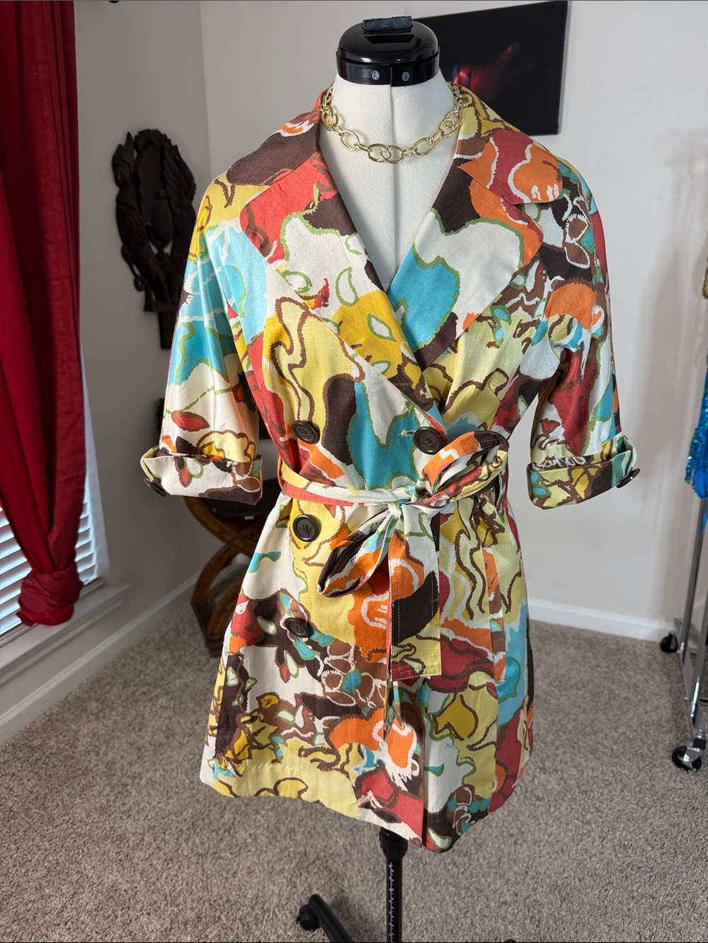 Vertigo Paris Multicolor Abstract Print Belted Trench Coat
